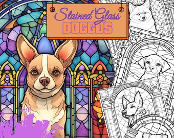 Stained glass window with cute dogs coloring pages digital printable instant download