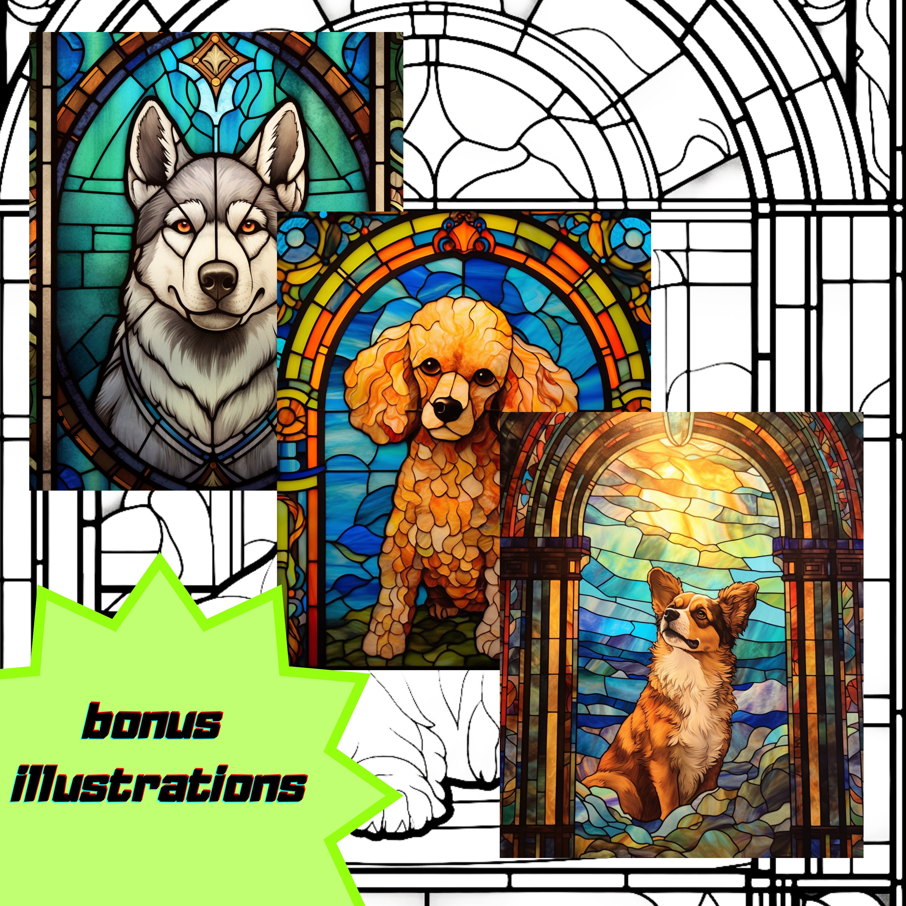 Stained glass window with cute dogs coloring pages digital printable instant download