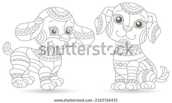 Set stained glass contour elements dogs stock vector royalty free