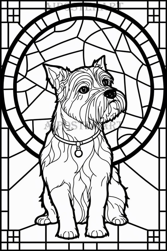 Terrier stained glass window printable adult coloring page advanced coloring animal coloring digital file high res x pixels