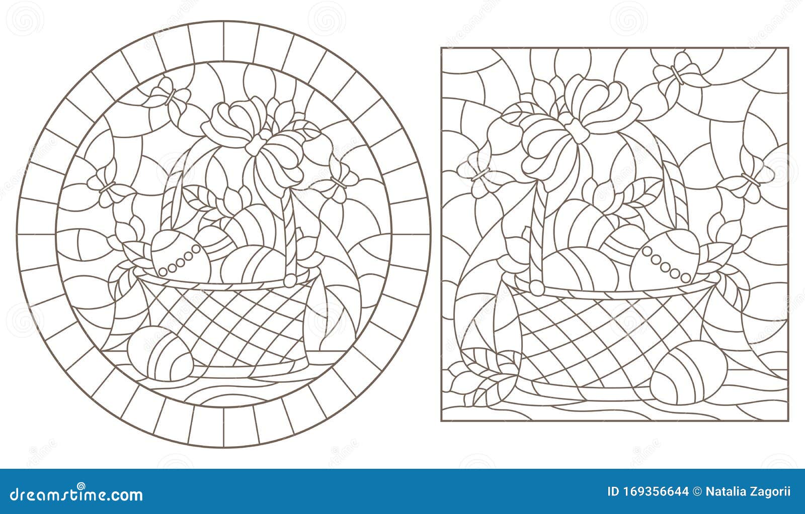Contour set with illustrations of stained glass windows with easter baskets with eggs and flowers dark outlines on a white backgr stock vector