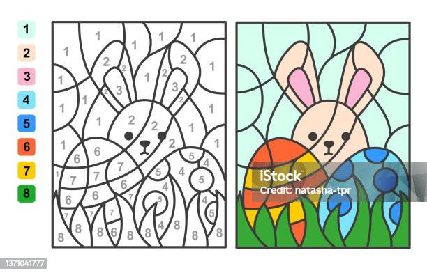 Vector coloring page color by numbers easter egg hunt puzzle game for children education and activities