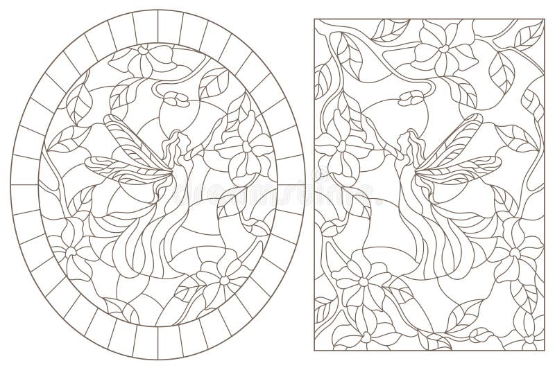 Contour set with illustrations of stained glass windows with fairies on a background of colors dark contours on a white backgro stock vector