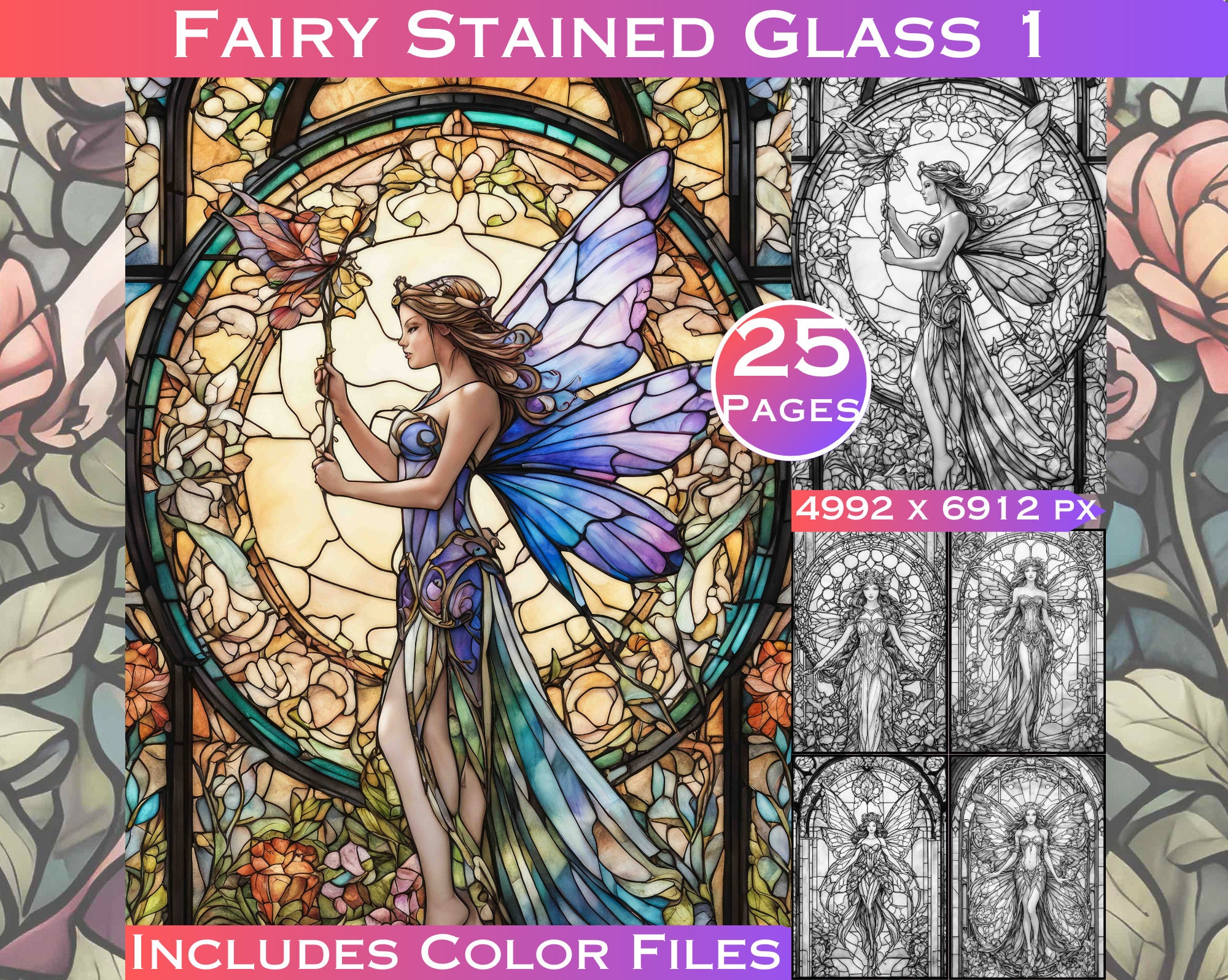Stained glass fairies grayscale coloring book set adult coloring pages grayscale pages from largedigitalprints mercial use products