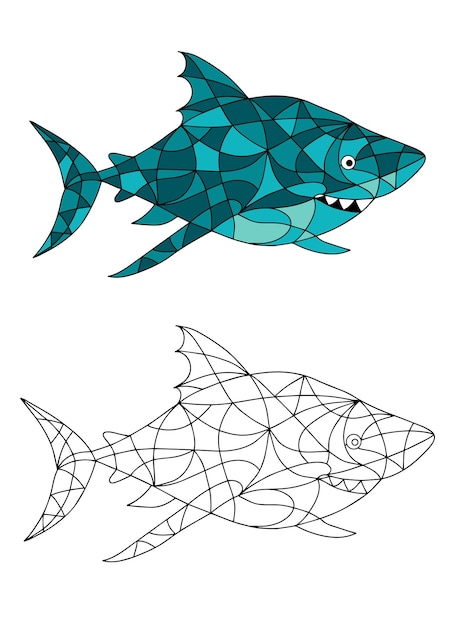Premium vector black and white and colored illustration in stained glass style with abstract shark fish image for coloring book and coloring page