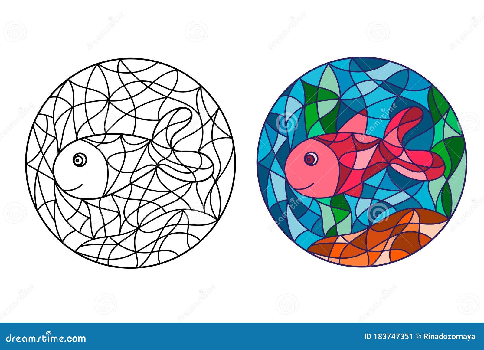 Black and white and colored illustration in stained glass style with abstract fish image for coloring book coloring stock vector