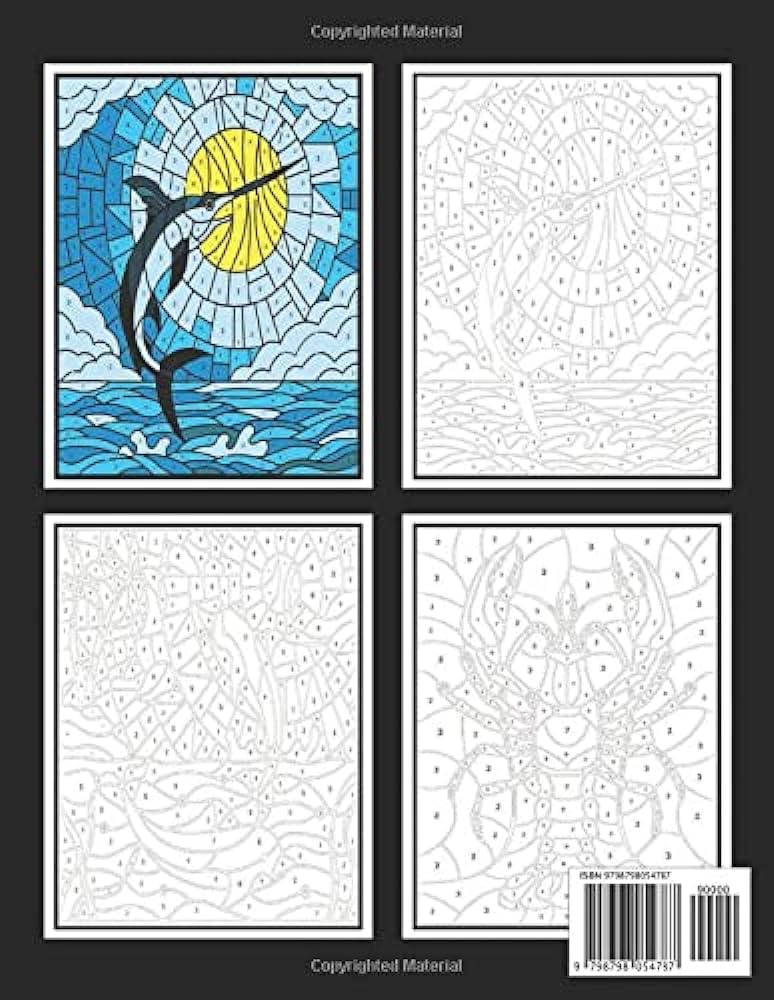 Fish stained glass color by number ocean designs zendoodle sharks sea horses fish sea turtles crabs octopus jellyfish shells swirls detailed designs for older kids teens anti