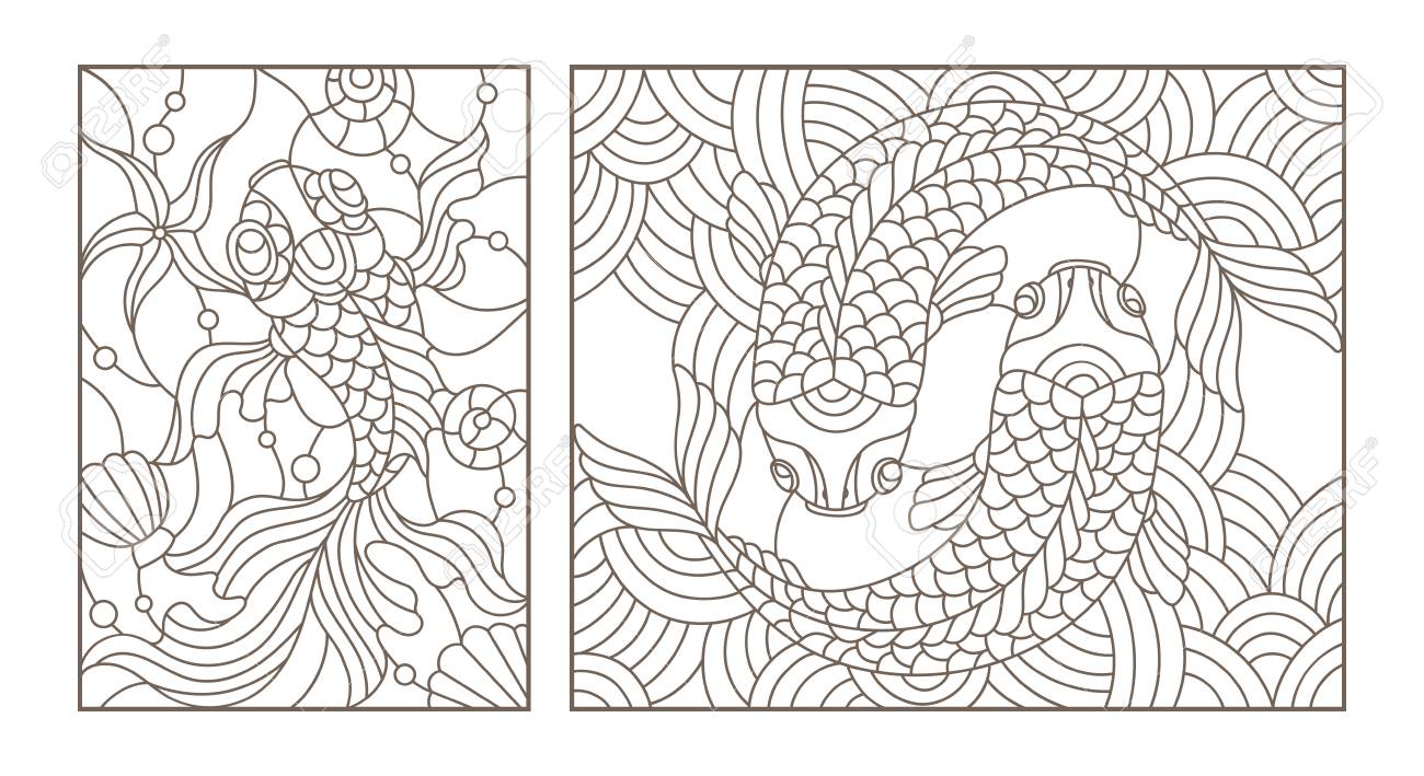 Set contour illustrations of stained glass with gold fish black contour on white background royalty free svg cliparts vectors and stock illustration image