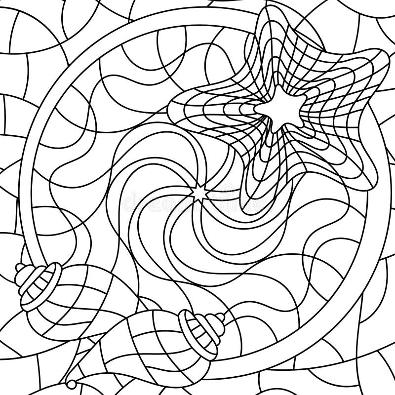 Coloring book for adults and children underwater mosaic stained glass starfish and seashells on a white background stock vector