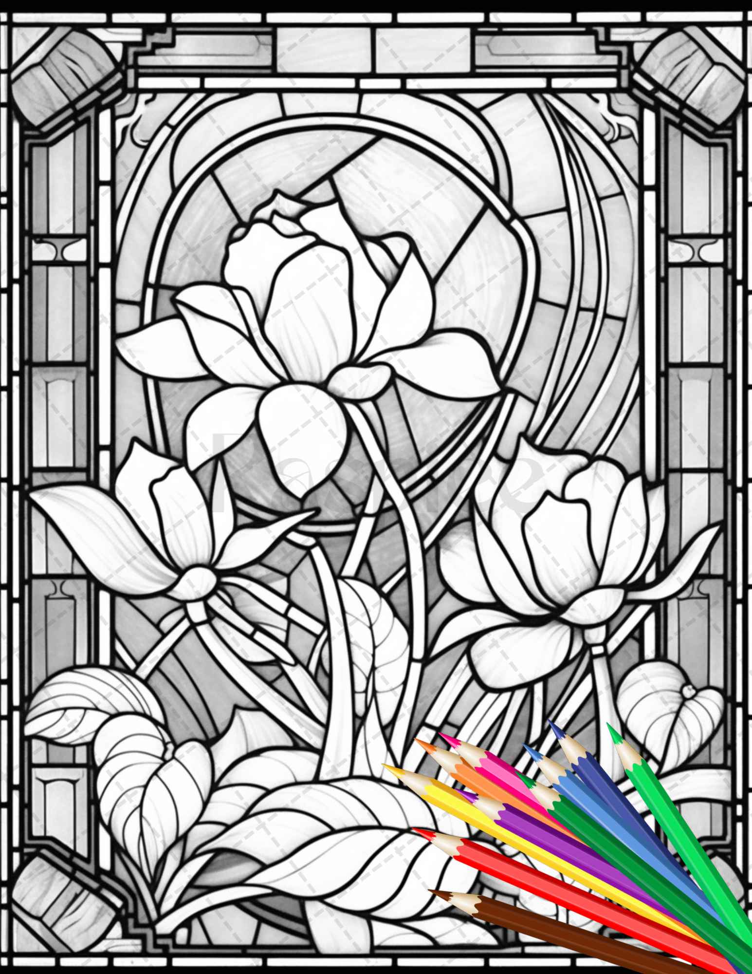 Stained glass flowers grayscale coloring pages printable for adults â coloring