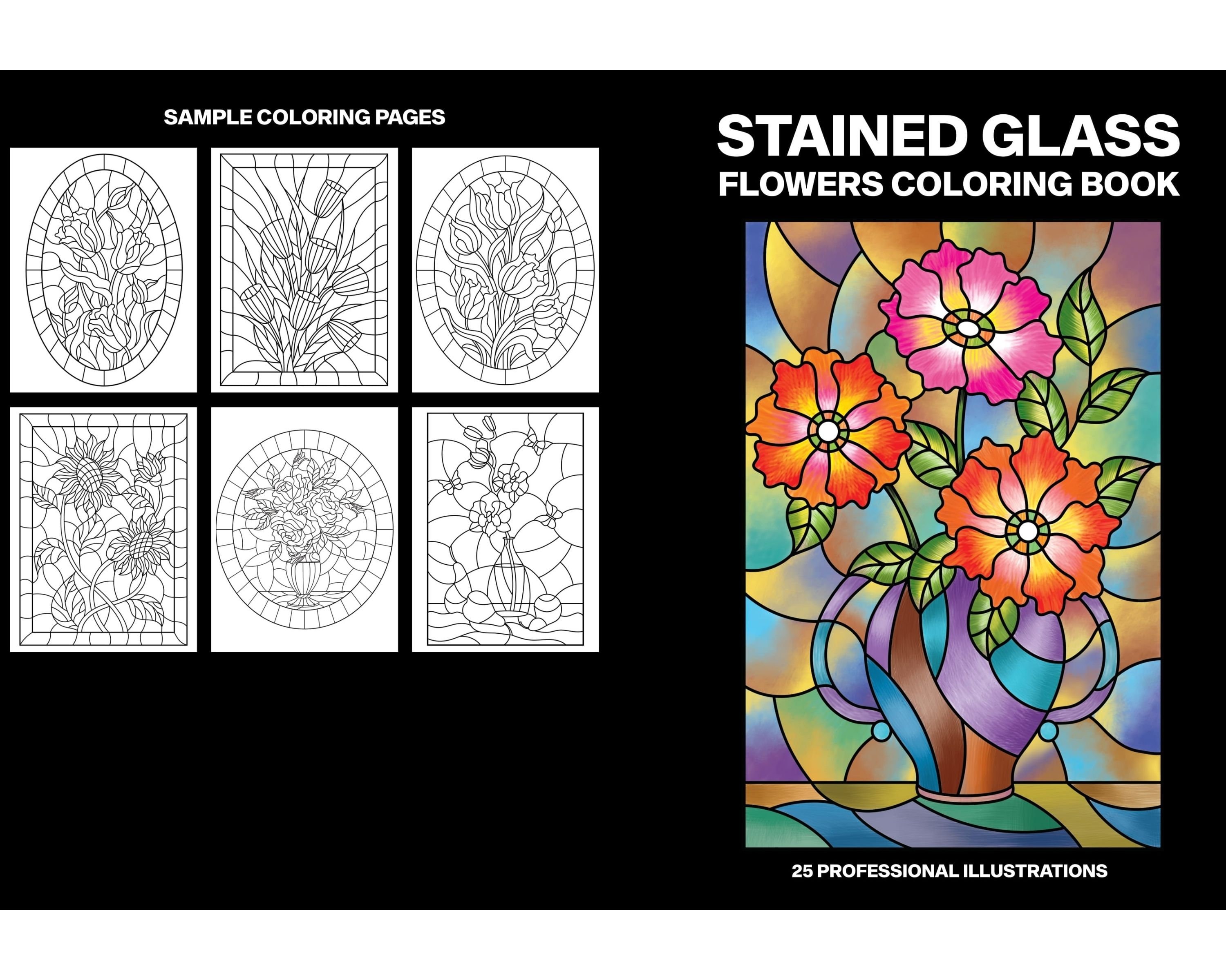 Printable flower stained glass coloring pages floral coloring sheets adult coloring book coloring activities floral color pages