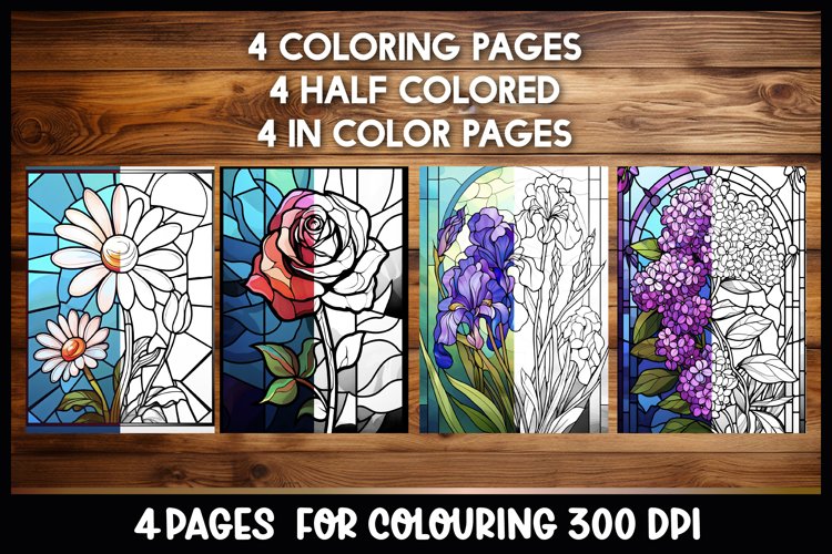 Flowers stained glass coloring book pages