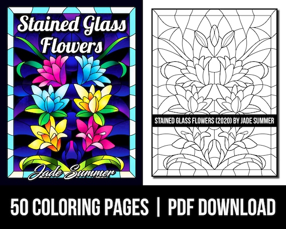 Flower coloring pages stained glass flowers adult coloring book by jade summer digital coloring pages printable pdf download