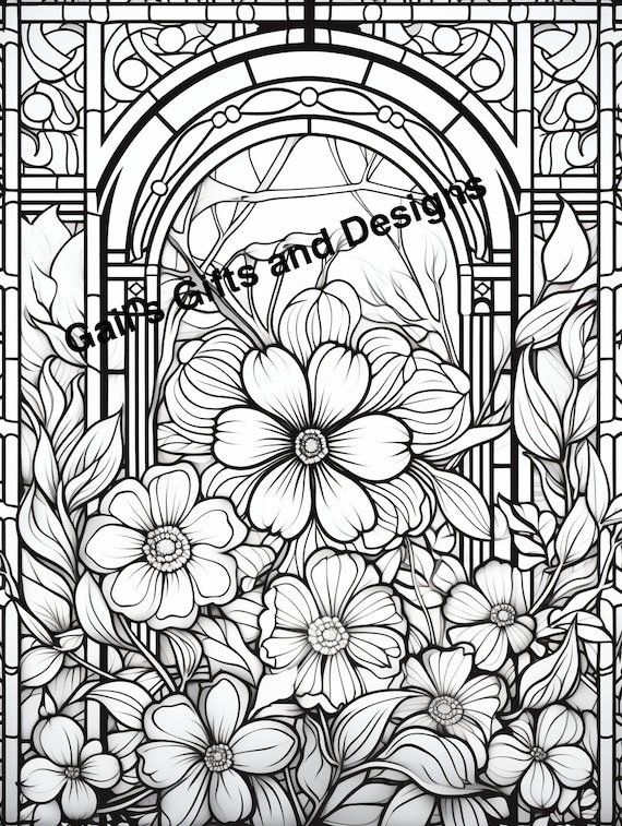 Flowers with stained glass coloring page for adults and children instant download boho flowers stained glass garden scene for coloring
