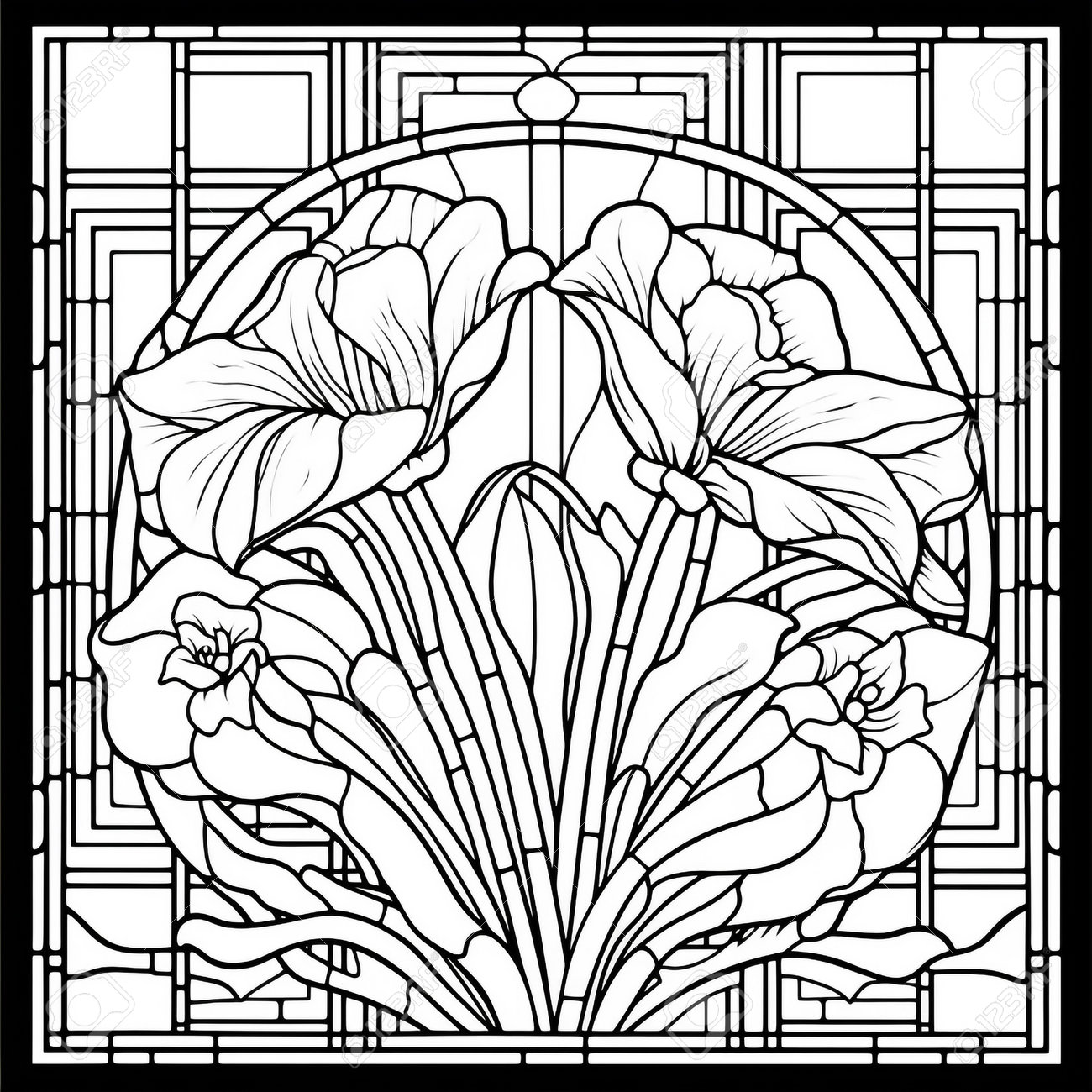 Stained glass flower coloring page stock photo picture and royalty free image image