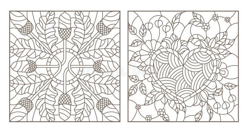 Contour set with illustrations of stained glass windows heart with flowers and position of acorns and oak leaves dark contou stock vector