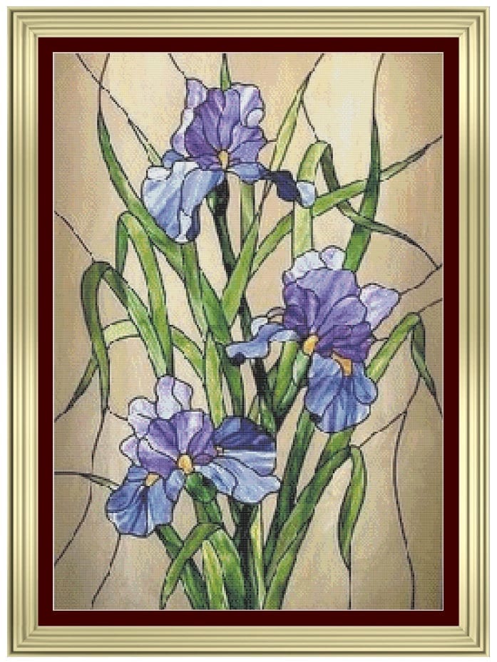 Large iris flowers panel stained glass style cross stitch needlepoint pattern approx x color key charts included