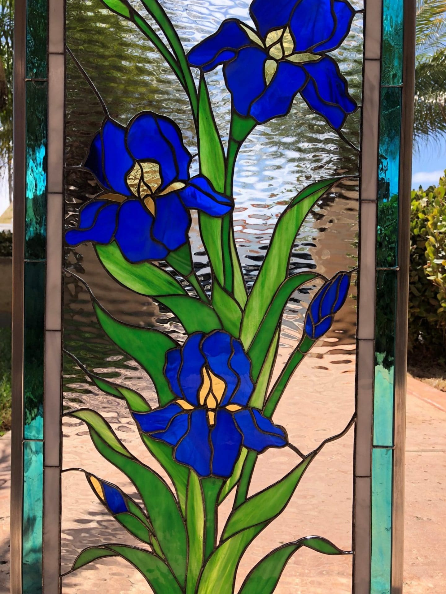 Iris trio leaded stained glass window panel