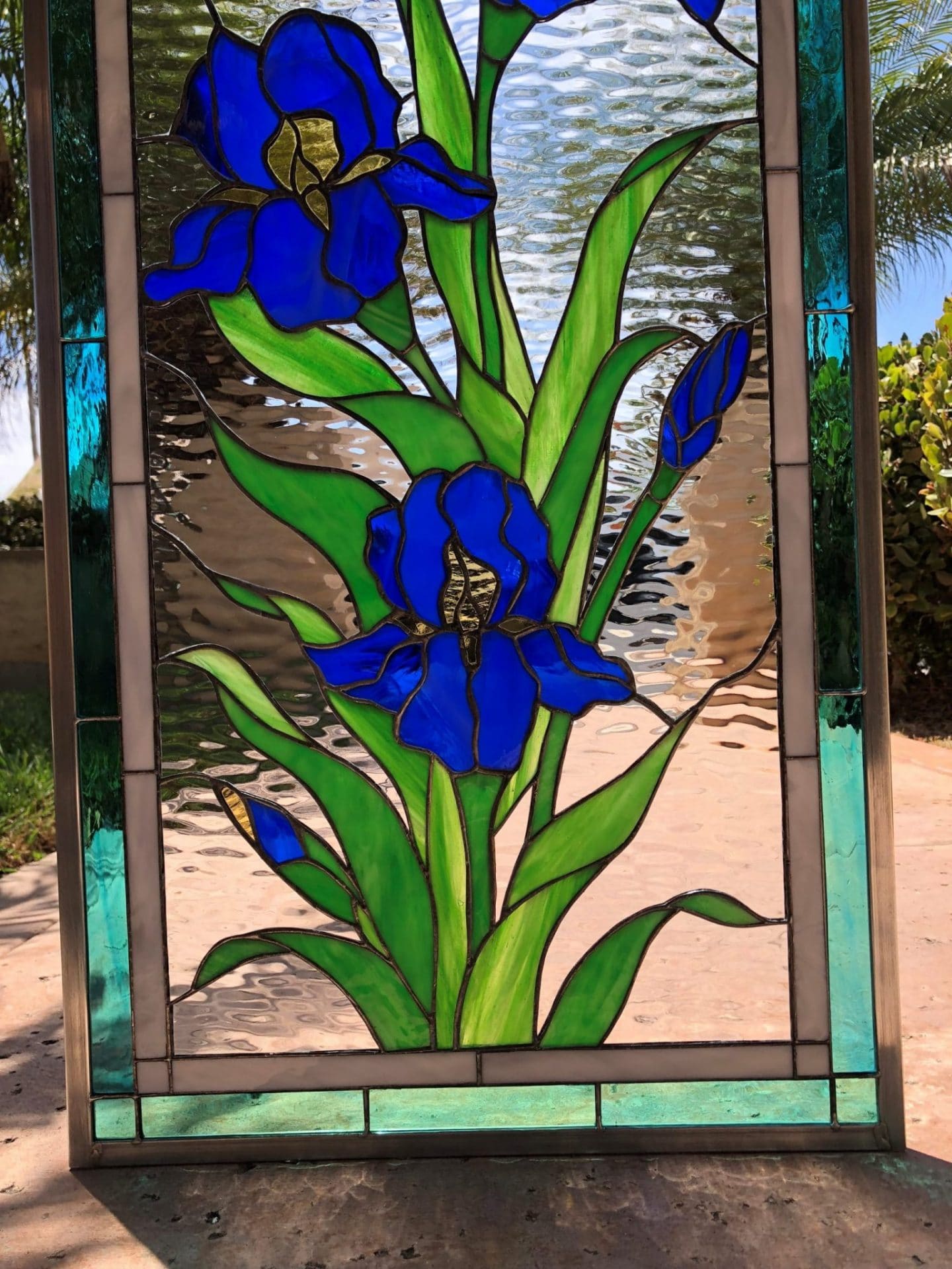 Iris trio leaded stained glass window panel
