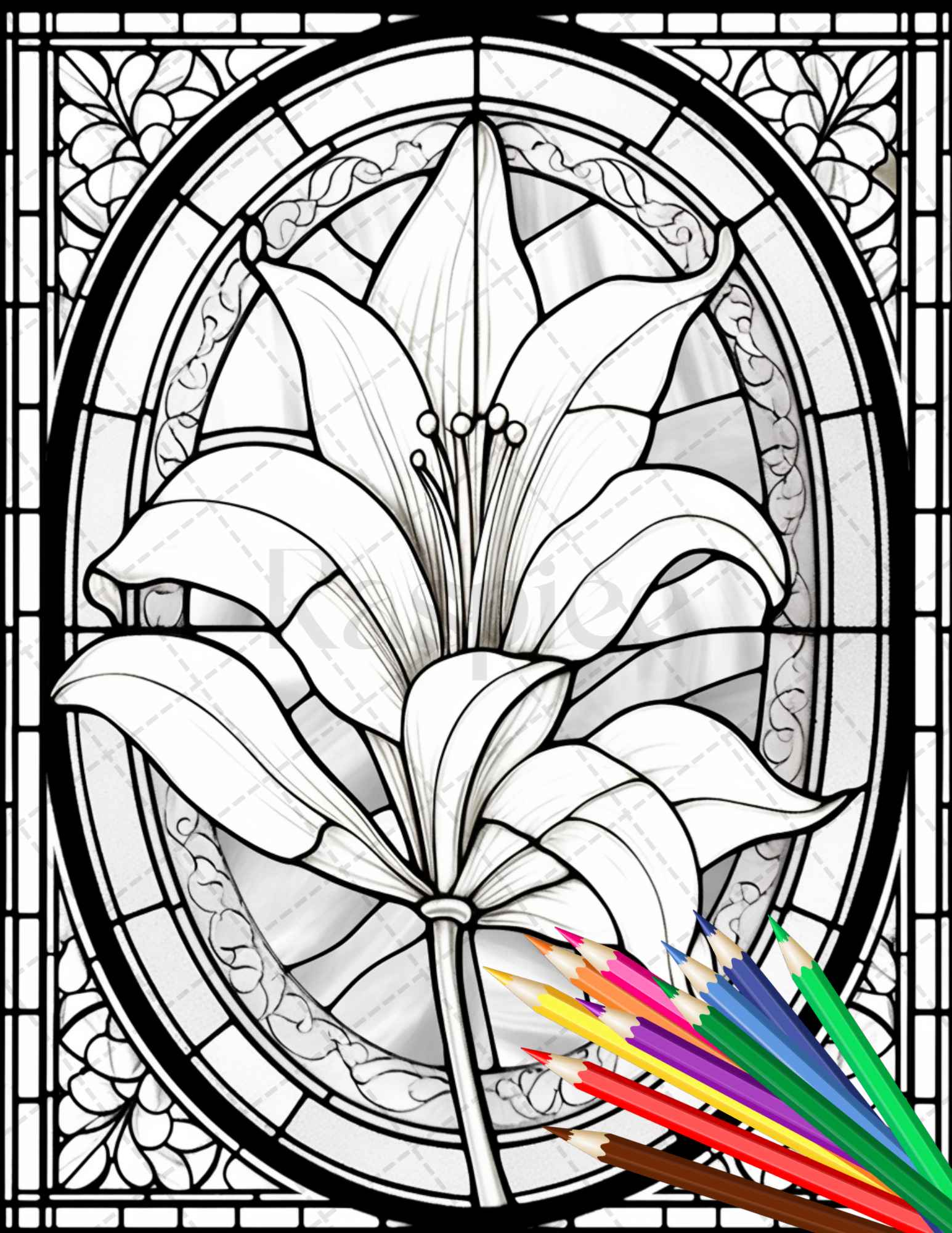 Stained glass flowers grayscale coloring pages printable for adults â coloring