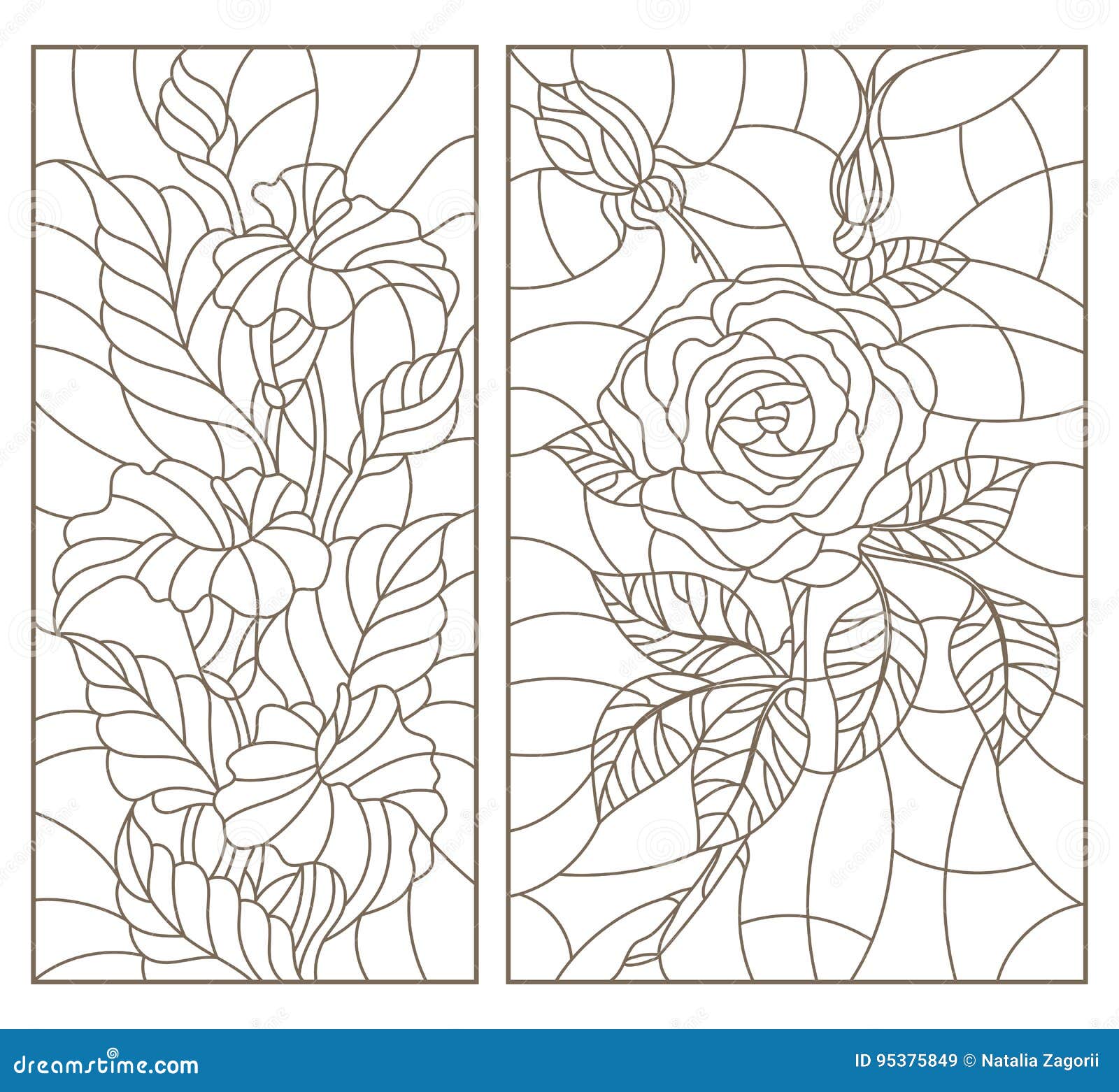 Contour set with illustrations in the stained glass style with floral pattern of roses and calla lilies dark outline on a wh stock vector
