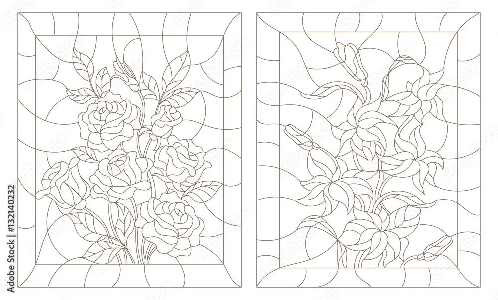 Set contour illustrations in the stained glass style abstract flowers of rose and lily dark outline on a white background vector