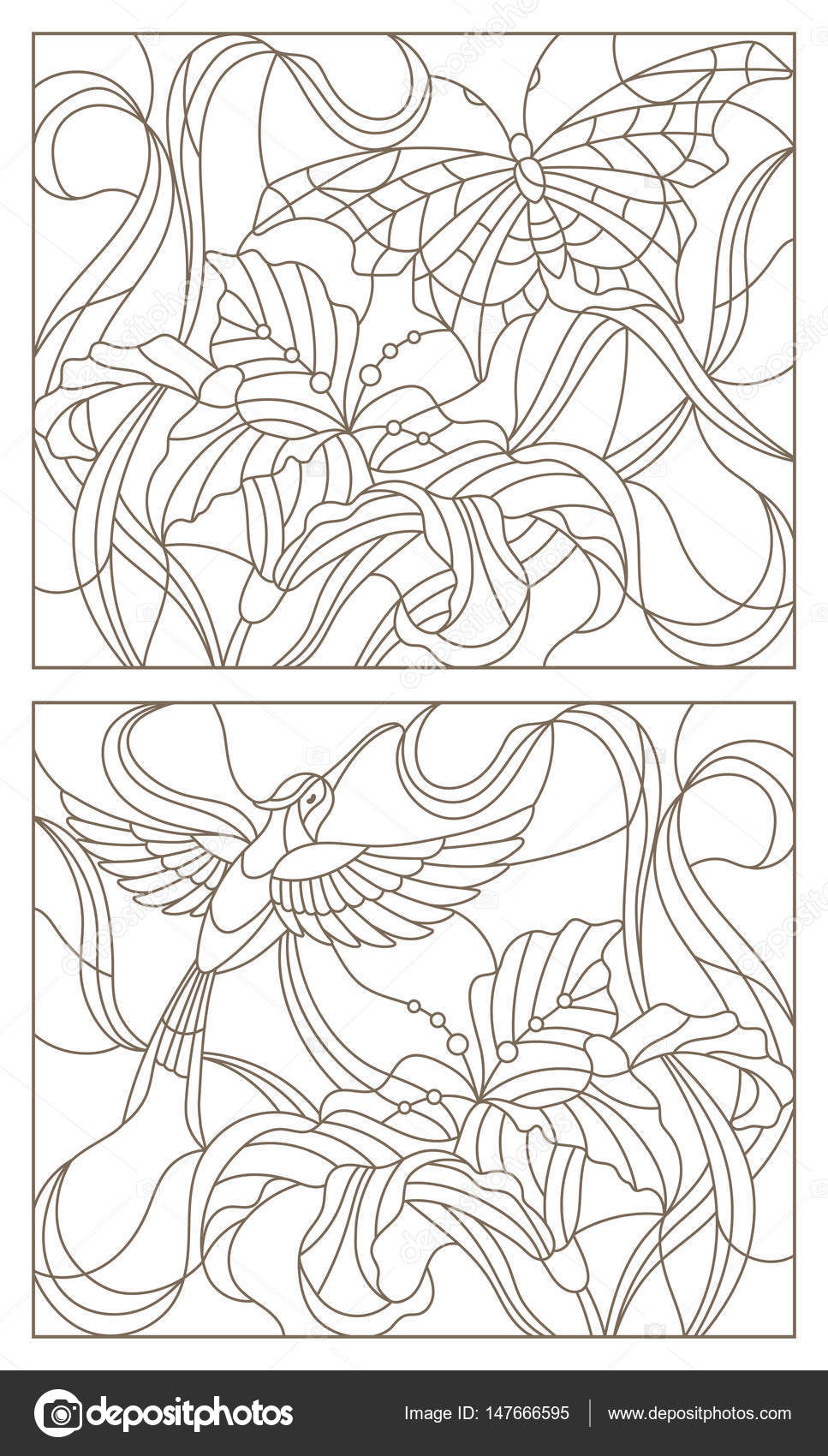 Set contour illustrations in the stained glass style butterfly and hummingbird and lily flower stock vector by zagory