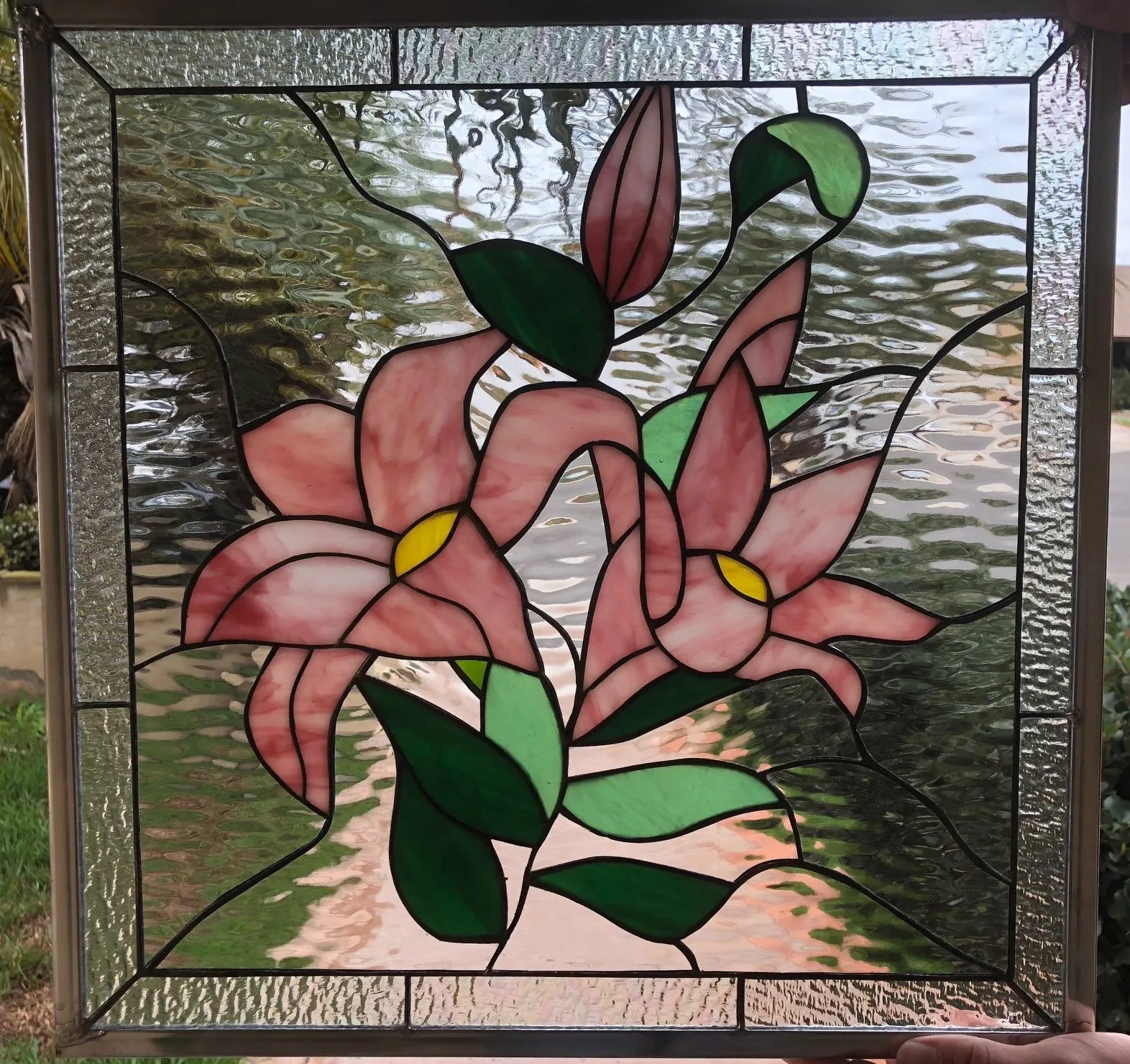 Gorgeous pink stargazer lily flower stained glass window panel
