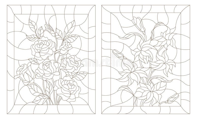 Stained glass contour kit abstract flowers of rose and lily dark outline on a white background stock vector