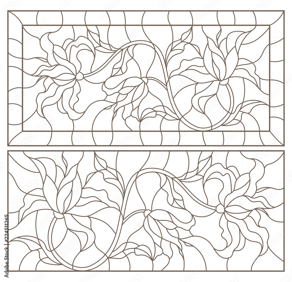 Set of contour illustrations of stained glass windows with branches of lily flowers dark contours on a white background vector