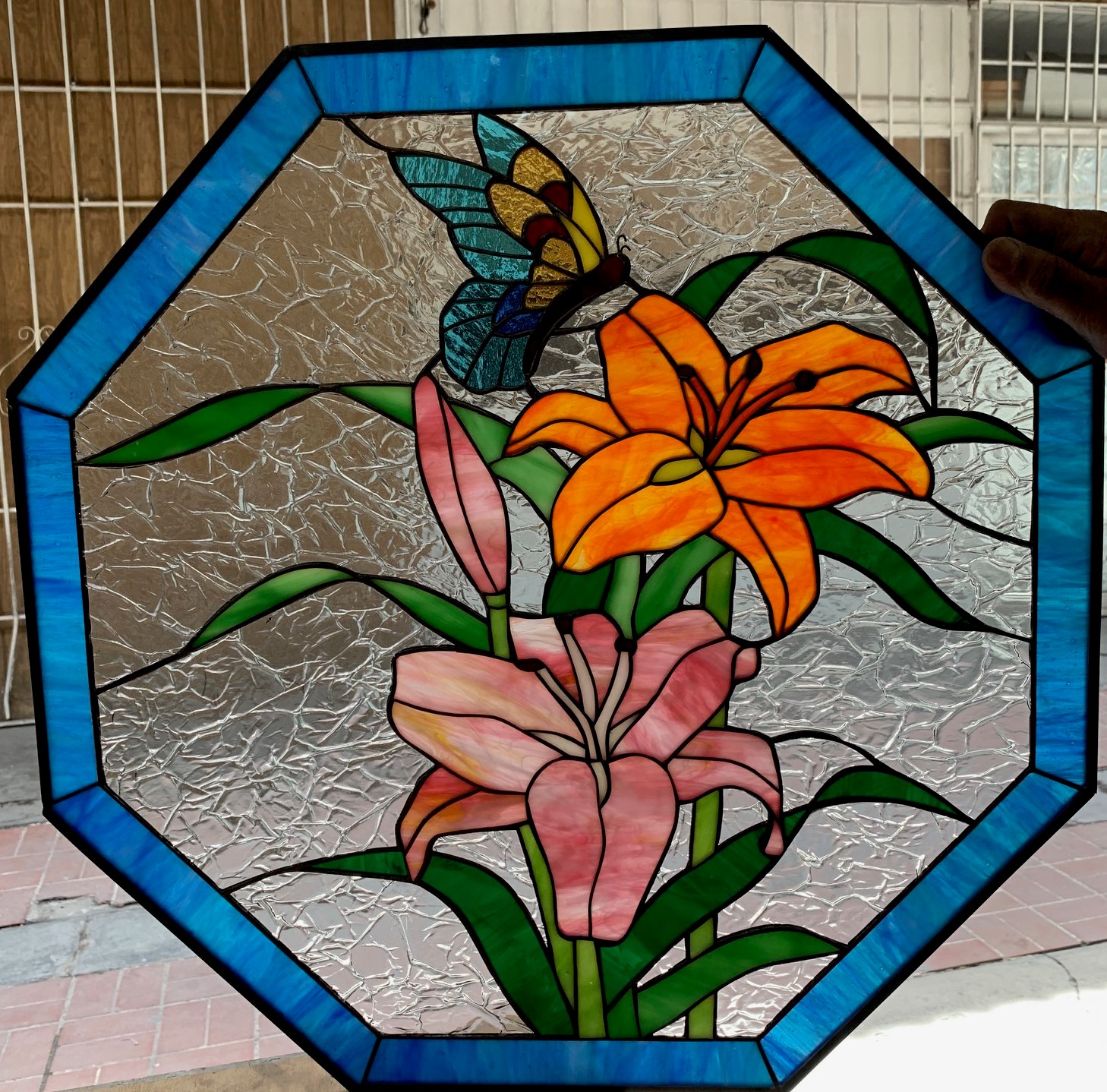 Magnificent lilies butterfly octagon stained glass panel