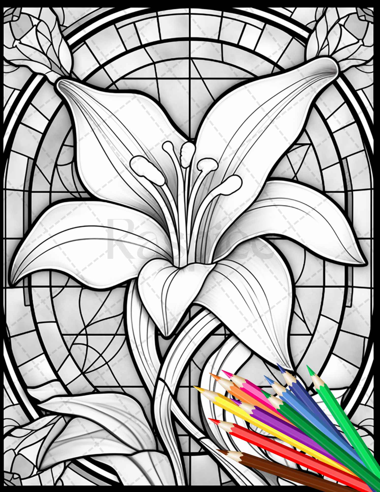Stained glass flowers grayscale coloring pages printable for adults â coloring