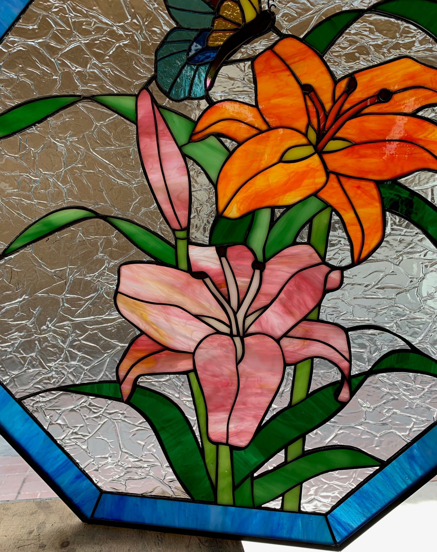 Magnificent lilies butterfly octagon stained glass panel