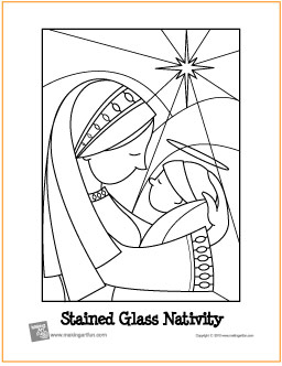 Stained glass nativity free printable coloring page
