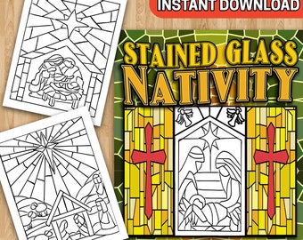 Best value stained glass nativity coloring book instant download christmas spirit birth of jesus stress relieving patterns to color