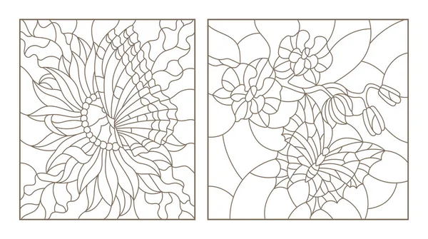 Set contour illustrations in the stained glass style with floral pattern of hibiscus dark outline on a white background stock vector by zagory