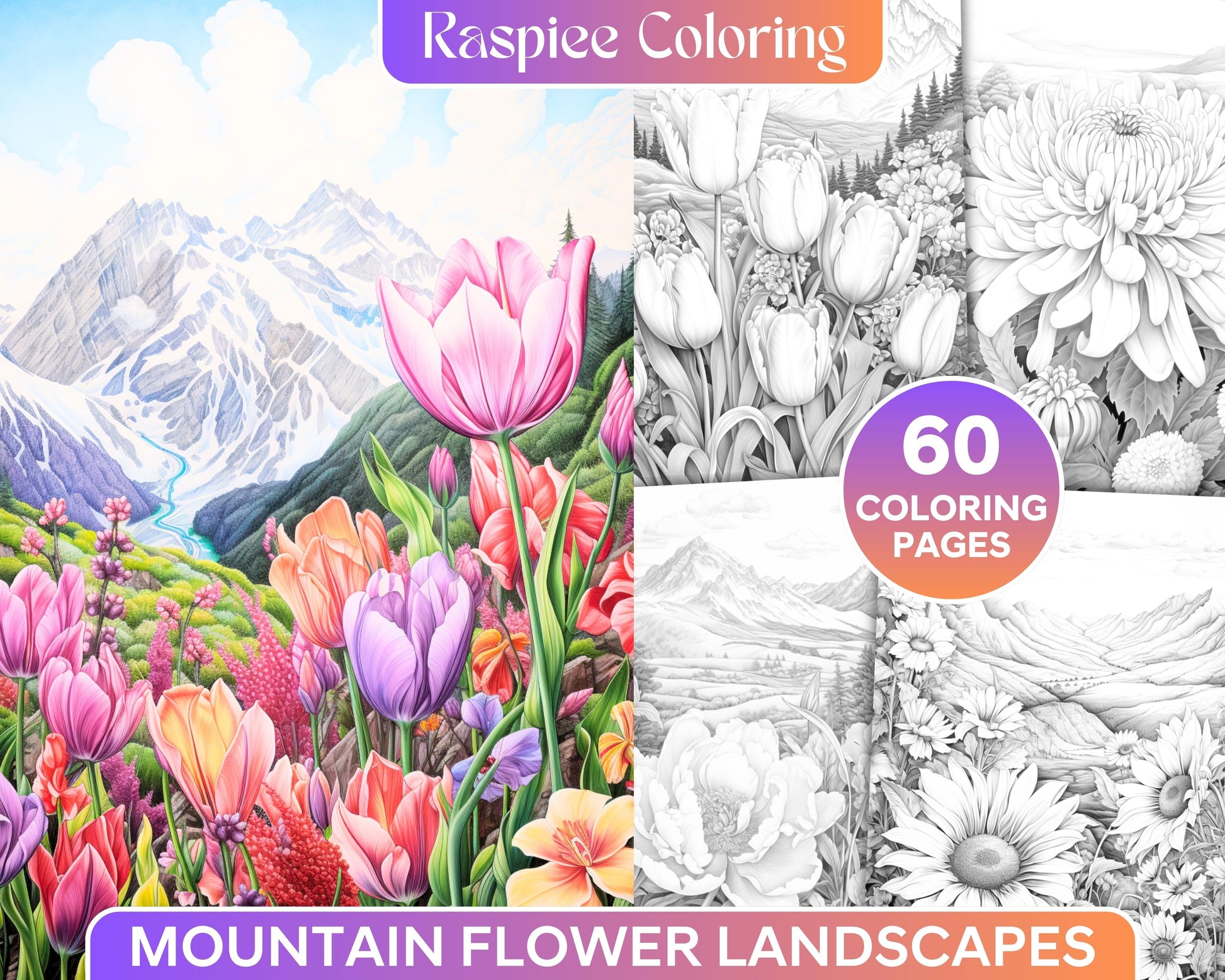 Mountain flower landscapes grayscale coloring pages printable for a â coloring