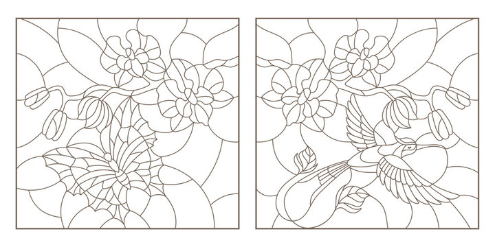 Set contour illustrations of stained glass with a sprig of orchids a butterfly and a hummingbird a dark outline on a white background vector