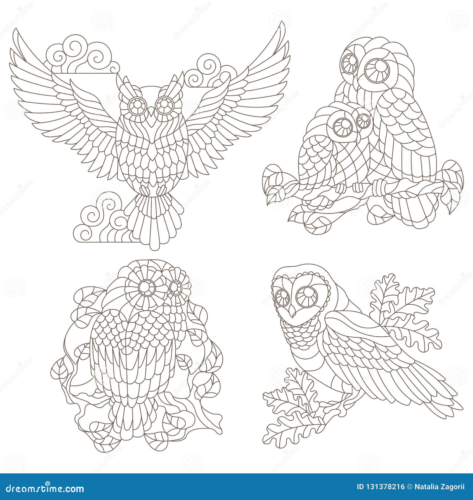 Contour set with illustrations of stained glass elements with owls sitting on tree branches dark contours on a white background stock illustration