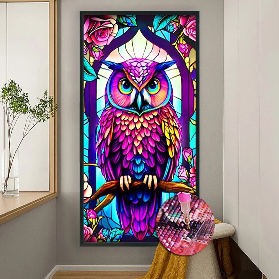 Tained gla owl d diy diamond painting ea colorful bird cro titch kit full drill embroidery moaic art picture decor