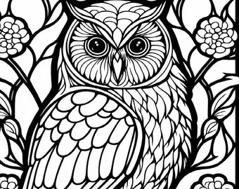 Owl stained glass window printable adult coloring page from