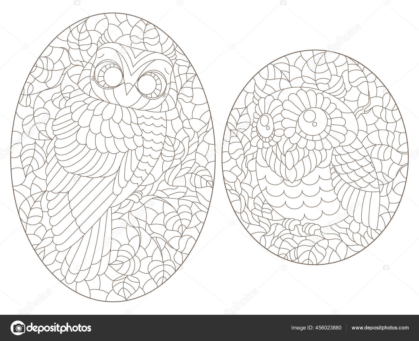 Set contour illustrations stained glass windows cute cartoon owls tree stock vector by zagory