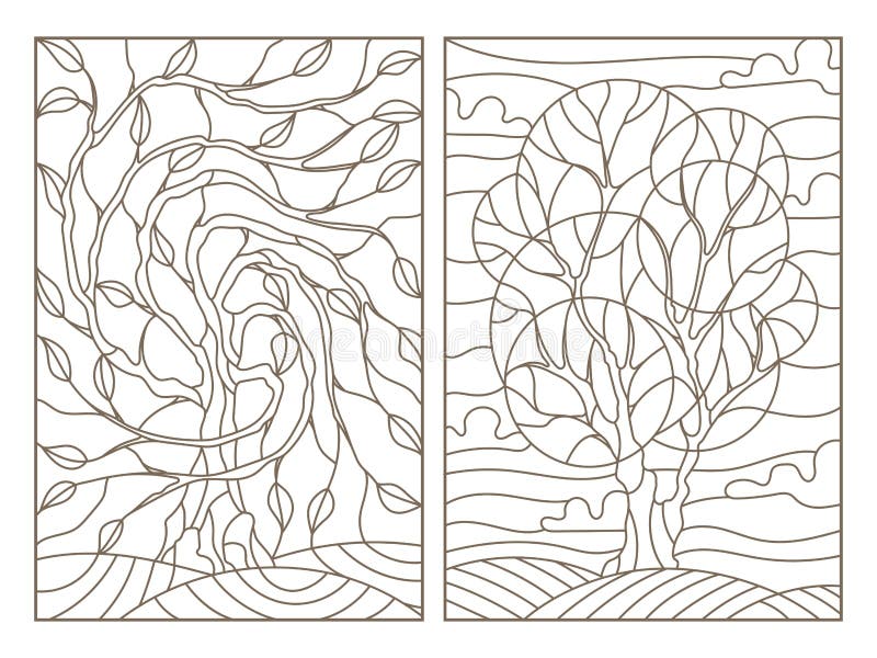 Contour set with illustrations of stained glass with the image of the trees stock vector