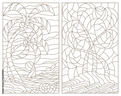 Set contour illustrations of the stained glass windows of tropical landscapes island with palm trees against the sky ocean and sun vector