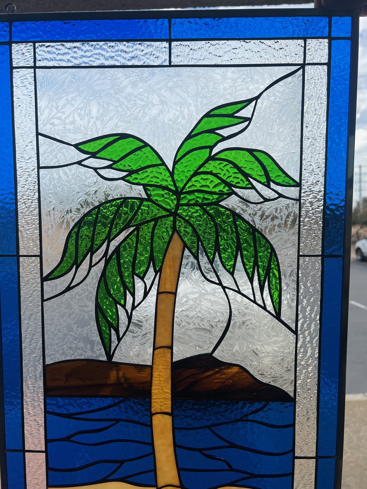 Island palm tree leaded stained glass window panel