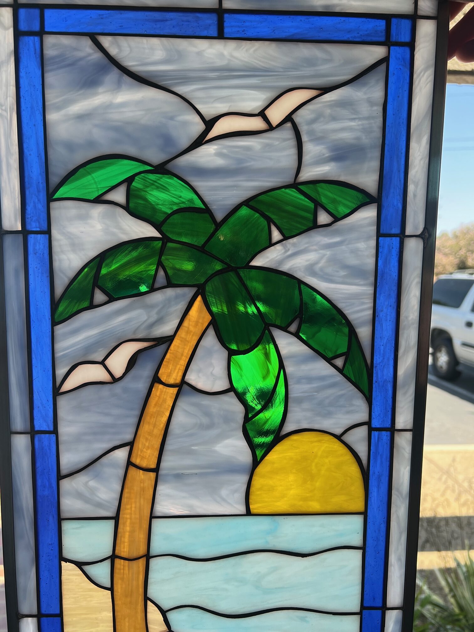 Palm tree sun seagulls leaded stained glass window panel