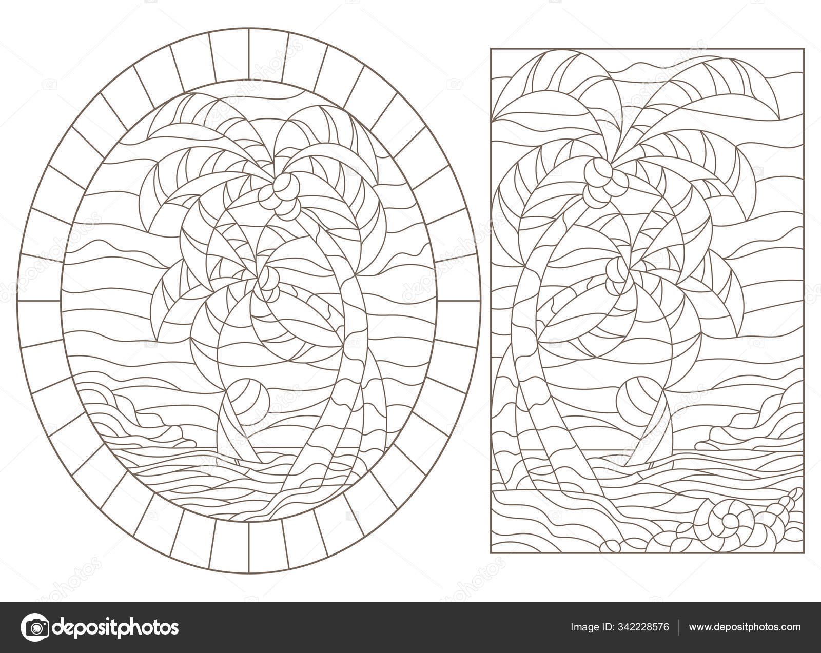 Set contour illustrations of the stained glass windows of tropical landscapes island with palm trees against the sky ocean and sun stock vector by zagory