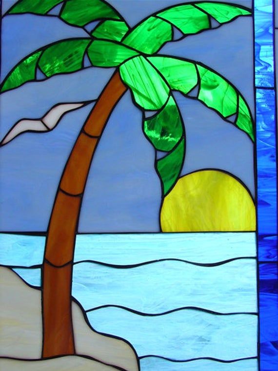 Palm tree sun seagulls leaded stained glass window panel scenery sun sea wave ocean stain glass art decor customizable item