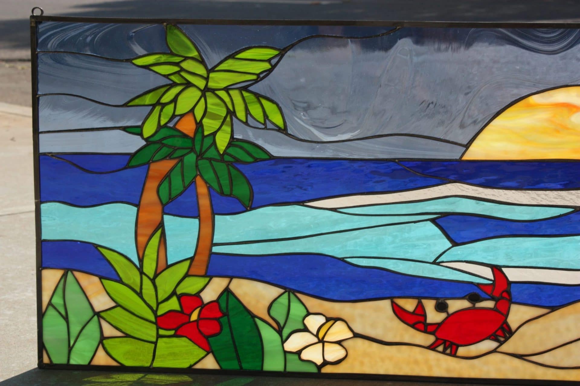 Crab palm tree flowers sunset stained glass window