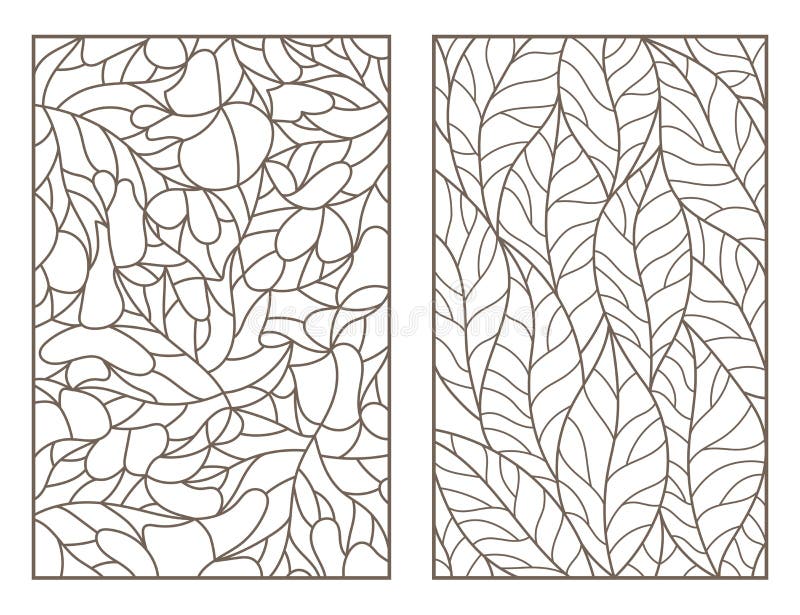 Contour set with illustrations of stained glass windows with leaves of different trees dark outlines on light background stock vector